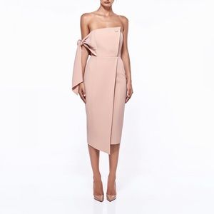 Misha Collection Structured Bandeau Pencil Midi Dress With Tie Detail in Blush